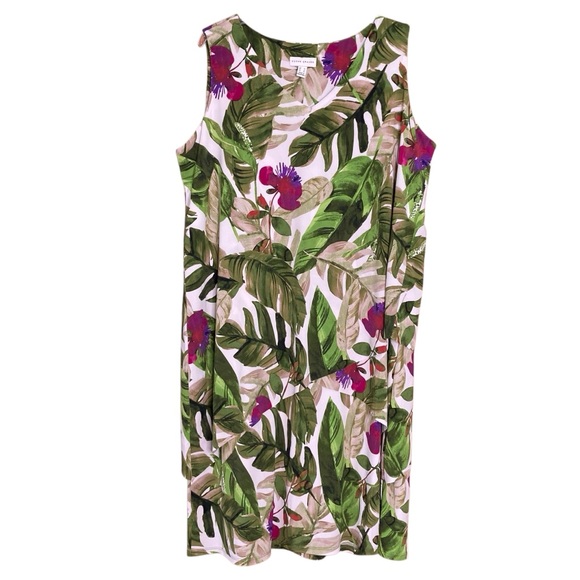 Susan Graver Topical Floral Liquid Knit Sleeveless Tiered Pull On Shift Dress. - Picture 1 of 12